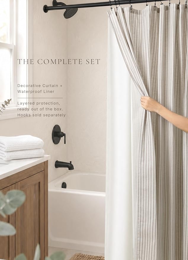 Farmhouse Striped Shower Curtain - Extra Long 72x84 Inches, Linen Blend Fabric, Breathable & Machine Washable, Rustic Taupe for Bathroom Decor (Hooks/Liner Not Included)