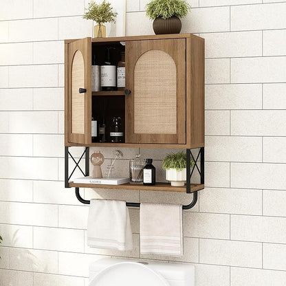 RUSTOWN Rattan Bathroom Wall Cabinet, Boho Over The Toilet Storage Cabinet with Arched Rattan Doors, Modern Medicine Cabinet with Adjustable Shelves & Towel Bar, Bathroom Organizer(Rustic Oak, Medium)