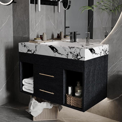 30" Modern Black Bathroom Vanity Sink Set Wall-Mounted Bathroom Vanities with Marble Sintered Stone Top&Ceramic Sink 30 inch Floating Bathroom Sink Cabinet with 2 Drawers&2 Cabinets