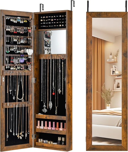 COSTWAY Full Length Mirror Jewelry Armoire, Wall Door Mounted Jewelry Cabinet Organizer with Makeup Mirror, Ring Slots and Necklace Hooks for Bedroom, Dressing Room (Rustic Brown)