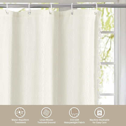Boho Farmhouse Tassel Linen Shower Curtain,3D Embroidery Stripe Ivory,36x72 | Small Stall Half Size,310GSM Linen Texture Heavy Duty Cloth,Water Repellent,Wrinkle Resistant,Vintage Farmhouse Rustic