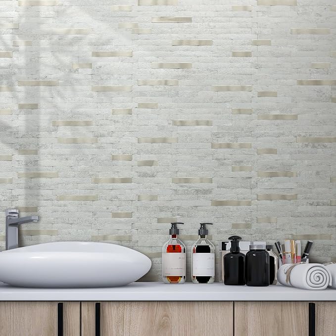 AULIGET 2 Sheets Faux Stone Peel and Stick Backsplash, Beige Stone Look PVC Wall Tile Stick on Backsplash for Kitchen and Bathroom