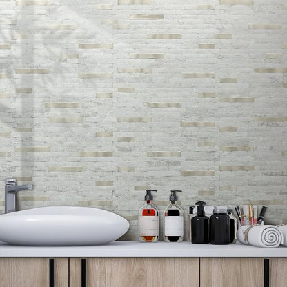 AULIGET 2 Sheets Faux Stone Peel and Stick Backsplash, Beige Stone Look PVC Wall Tile Stick on Backsplash for Kitchen and Bathroom
