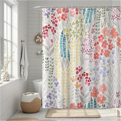 Cute Abstract Floral Shower Curtain, Watercolor Colorful Wildflowers and Plant Leaves, Waterproof Polyester Fabric Shower Curtains Sets with Hooks for Bathroom 72x72 Inches