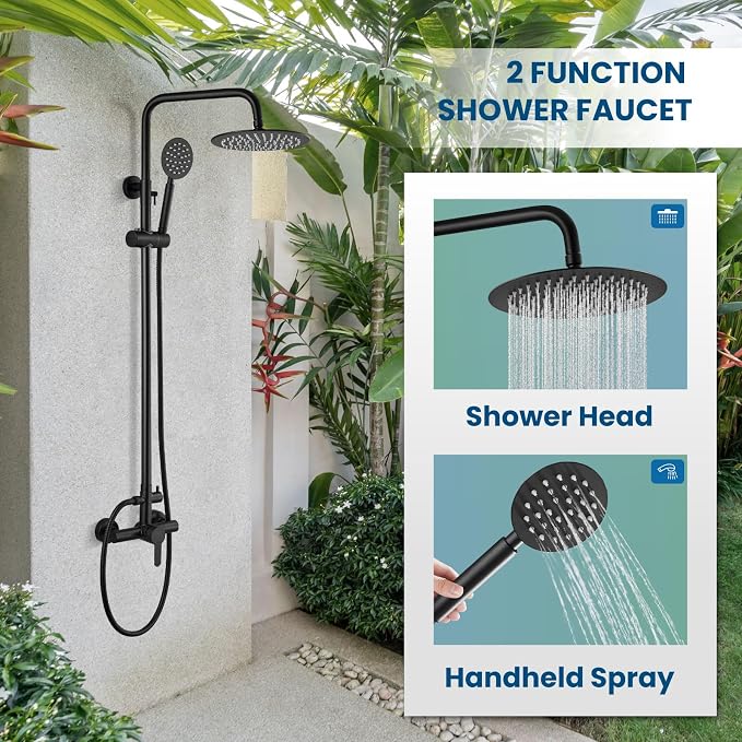 gotonovo Outdoor Shower 304 Stainless Steel, Mattte Black, Single Handle | Rain 8 Inch Outdoor Shower Head with Handheld Kit Fixtures System Faucet Set with Valve Wall Mount for Seaside Backyard Pool