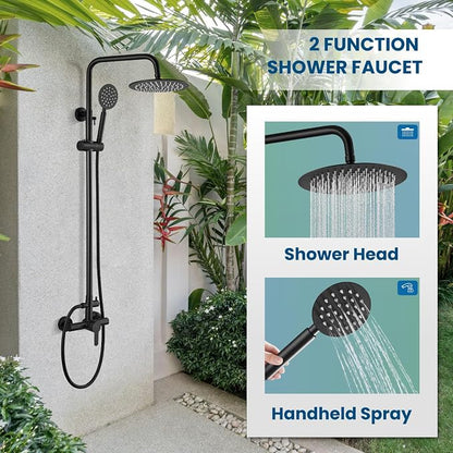 gotonovo Outdoor Shower 304 Stainless Steel, Mattte Black, Single Handle | Rain 8 Inch Outdoor Shower Head with Handheld Kit Fixtures System Faucet Set with Valve Wall Mount for Seaside Backyard Pool