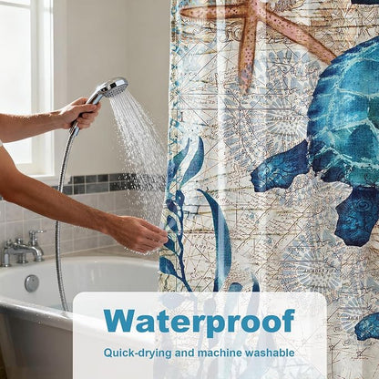 Nautical Ocean Beach Shower Curtain, Cute Coastal Sea Turtles Shower Curtains for Bathroom, Waterproof Bath Curtain with Hooks Machine Washable Bathtub Curtains 36x72 Inch Blue Teal