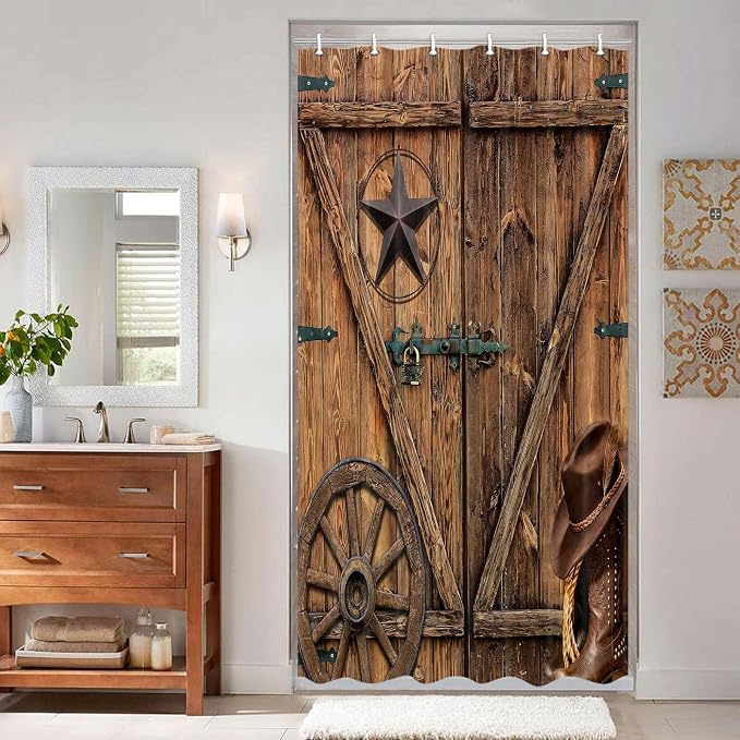 Texas Star Western Barn Door Shower Curtain Sets for Bathroom,Cowboy Hat Boots Wheel Decor Curtain, Vintage Rustic Wooden Board Farmhouse Bath Curtain with Hooks, 54X70IN