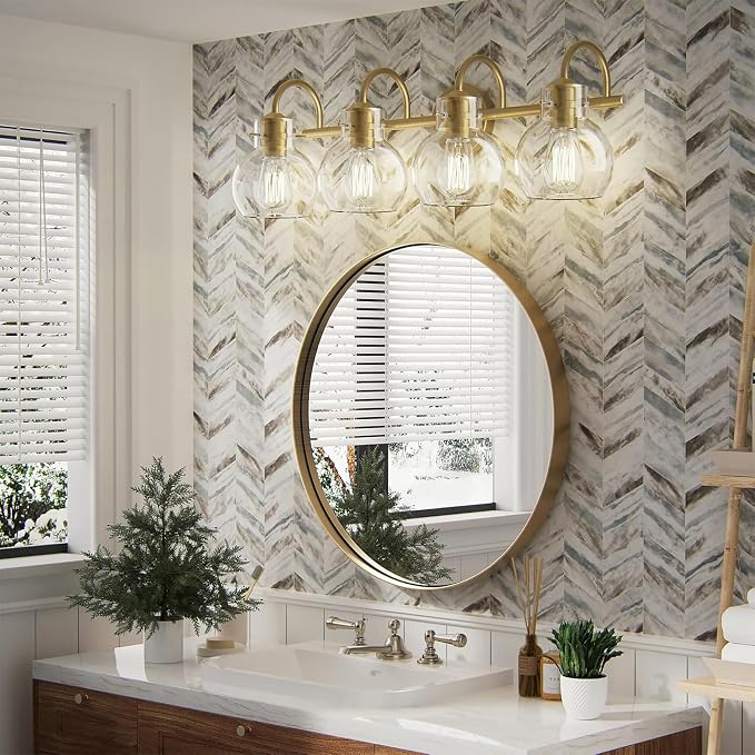 4 Lights Bathroom Vanity Light Fixtures Over Mirror Modern Gold | Wall Sconce,Brass Gold Painted,Globe Glass Shade,E26 Base,UL Certified,Anti-Rust,Damp Rated,Bathroom Bedroom Living Room