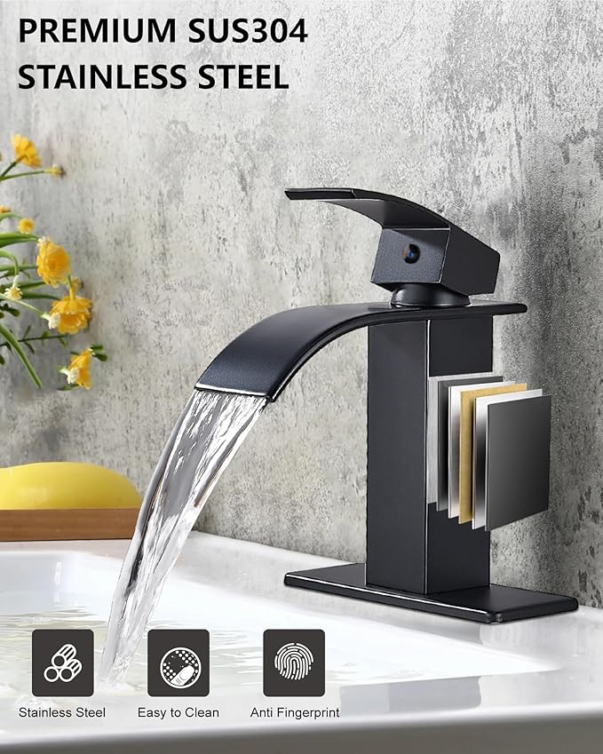 Midanya Waterfall Spout Bathroom Faucet Single Handle 1 Hole Bathroom Sink Faucet,Modern RV Lavatory Vanity Basin Tap with Water Hose,No Drain,Short Body,Matte Black