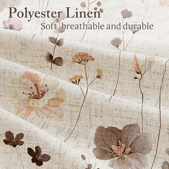 Brown Linen Watercolor Floral Fabric Shower Curtain, 72x72 | Linen Fabric, Modern Minimalist Floral Print, Machine Washable, Rustproof Grommets, for Bathroom Home