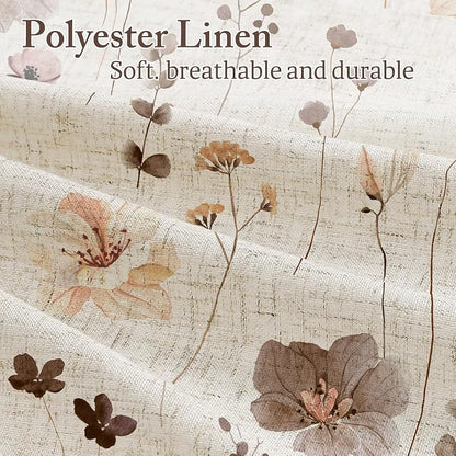 Brown Linen Watercolor Floral Fabric Shower Curtain, 72x72 | Linen Fabric, Modern Minimalist Floral Print, Machine Washable, Rustproof Grommets, for Bathroom Home