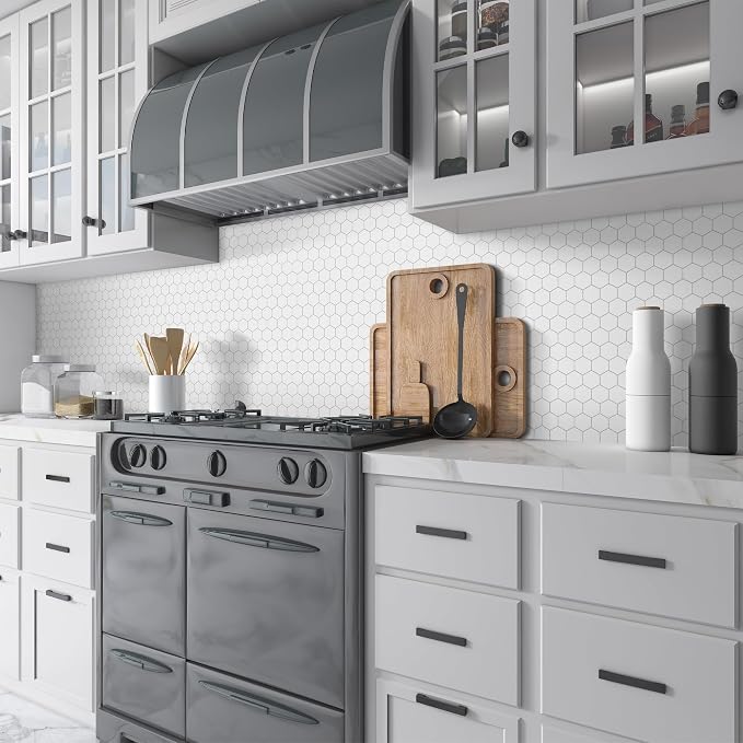 10-Sheet Hexagon Peel and Stick Backsplash, 11.42" x 11.42" White Honeycomb Self-Adhesive Marble Mosaic Wall Tile, Waterproof Stick on Backsplash Tiles for Kitchen Bathroom Shower