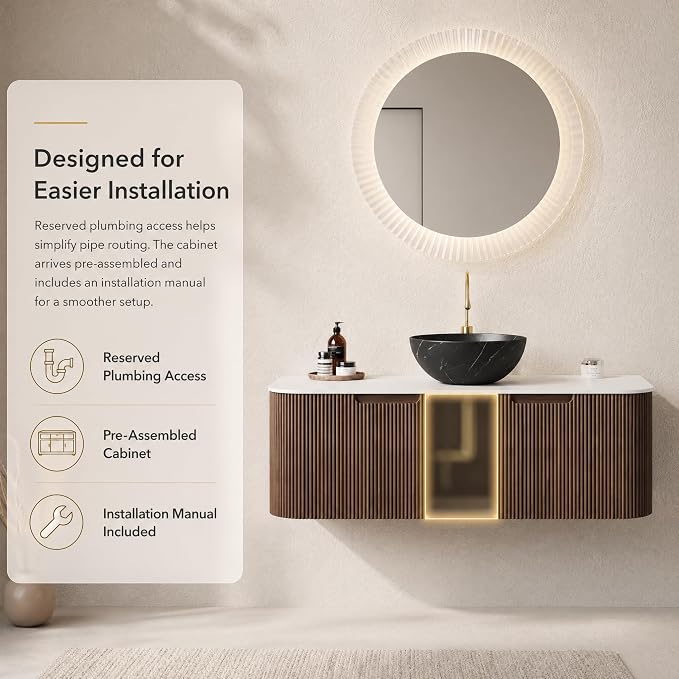 48 Inch Bathroom Vanity with Sink, Floating Wall Mounted Single Sink Vanity, Dark Walnut Curved Fluted Front, Stone Top, Black Marble Vessel Basin, Pre-Assembled