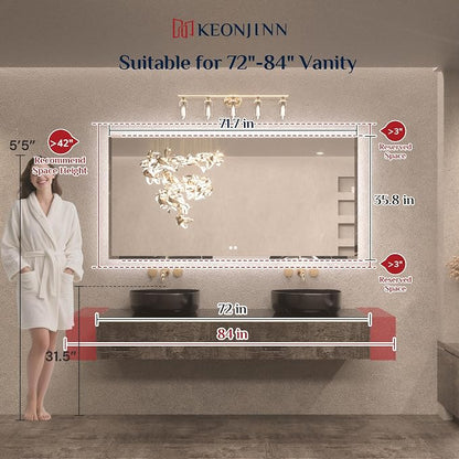 Keonjinn 72"x36" LED Backlit Mirror Bathroom, Tempered Glass Beveled Edge | Dimmable Lights(Warm/Natural/White), Fast & Safe Defogging, Hardwired/Plug in, Secure Installation, Lighted Bathroom Mirror