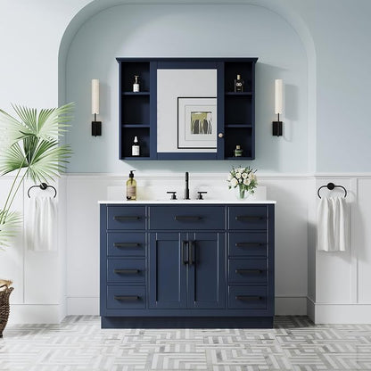 48-Inch Bathroom Vanity with Sink W/ 2 Doors & 8 Drawers & 1 Flip Drawer, Navy Blue Vanity W/Matte Black Handles