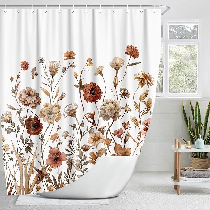 Vintage Boho White Floral Shower Curtain, Brown Cream Tan Rustic Farmhouse Flower Shower Curtain Set, Cute Botanical Wlidflowers Fabric Shower Curtains Decoration, 72X72 Aesthetic Bathroom Accessories