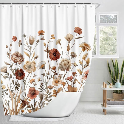 Vintage Boho White Floral Shower Curtain, Brown Cream Tan Rustic Farmhouse Flower Shower Curtain Set, Cute Botanical Wlidflowers Fabric Shower Curtains Decoration, 72X72 Aesthetic Bathroom Accessories