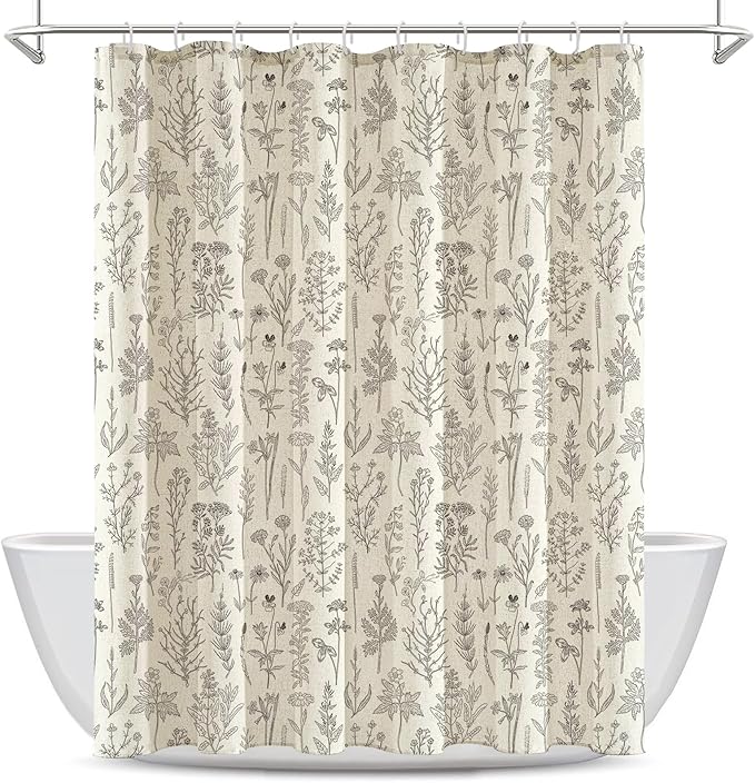 Coxila Vintage Floral Linen Shower Curtain Flower Retro Rustic Antique Botanical Plant Farmhouse Country Boho Cottage Wildflower Spring Aesthetic Bathroom 60 x 72 Inch Polyester Fabric 12 Pack Hooks