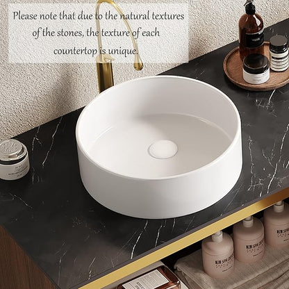 Bathroom Vanity with Double Sink, Floating Vanity with Round Vessel Sink 60 Inch, Wall-Mounted Plywood Bathroom Sink Cabinet with 4 Doors, Black Sintered Stone Countertop, Brown Oak
