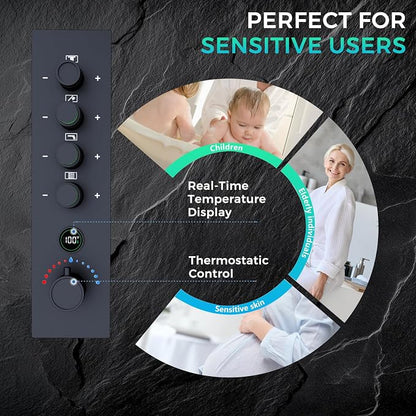 Luxury Thermostatic Digital Dual Heads Shower System Matte Black Full Bdoy Spray Shower Faucet Set with 20x14in LED Rainfall Showerhead and 6in Wall Shower, 4 Body Jets with Shut-off, Brass Handheld