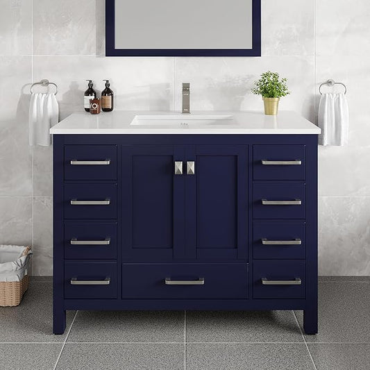 Eviva London 42 in. Blue Single Sink Bath Vanity with Carrara Quartz Top and Undermount Porcelain Sink