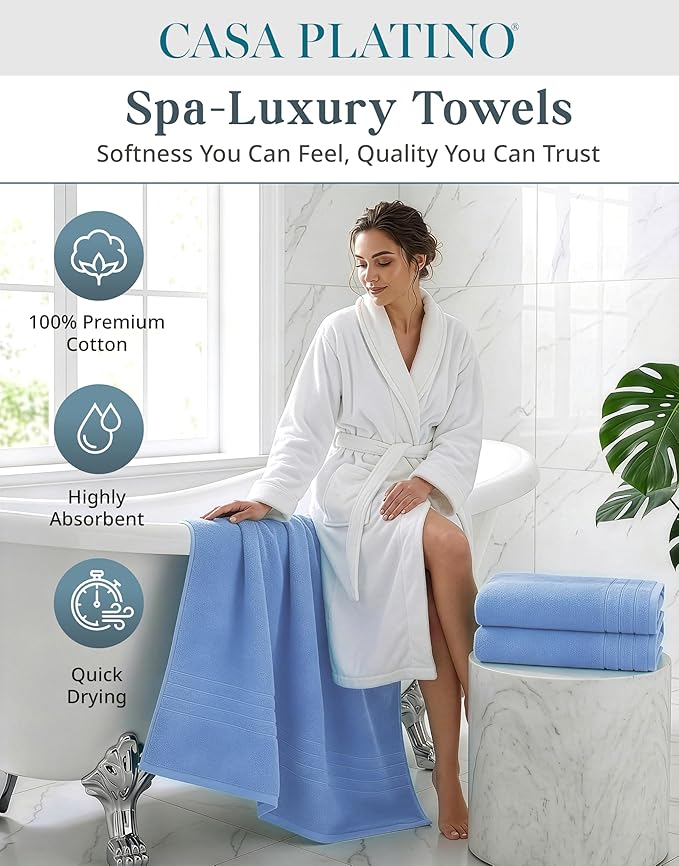 Casa Platino 100% Cotton 4 Pack Bath Sheets (36"x72") - Ring Spun Cotton Extra Large Bathroom Towels - Quick Dry, Soft & Absorbent Oversized Bath Towels - Machine Wash in Cold Water - Cerulean Blue