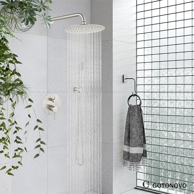 gotonovo Shower System 10 Inch Round Rainfall Showerhead Wall Mounted High Pressure Shower Faucet Set Fixture Combo with Rough in Valve and Cylindrical Handheld Spray, Brushed Nickel