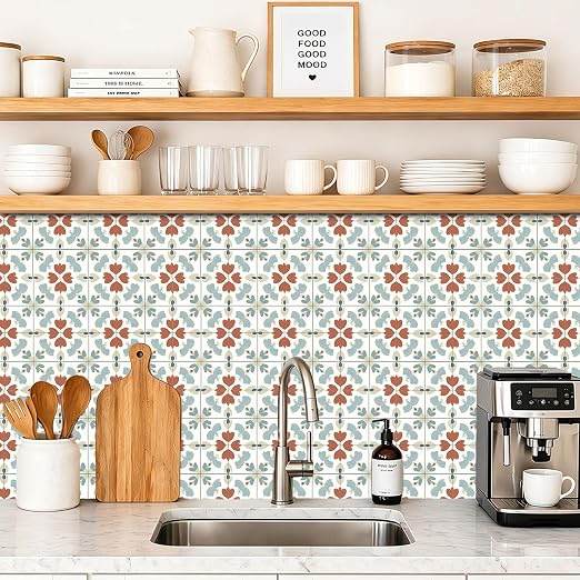 Muted Floral Geometric Peel and Stick Floor Tiles 12x12 Inch 10PCS | Muted teal rust and cream floral geometric pattern vinyl floor stickers for kitchen bathroom entryway and indoor home decor