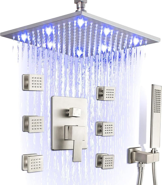 SKOWLL Brushed Nickel Shower Faucet Set Ceiling Mount 12 Inch LED Rainfall Shower Head with Body Jet Complete, Bathroom Shower System with Handheld, Pressured Balance Rough-in Valve