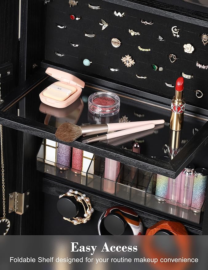 Nicetree 360° Swivel Jewelry Cabinet with Lights, Full Length Mirror, Black | Standing Mirror Jewelry Cabinet, Lockable Mirror with Storage, Lighted Interior Mirror, Rear Shelves, Flip-over Shelf