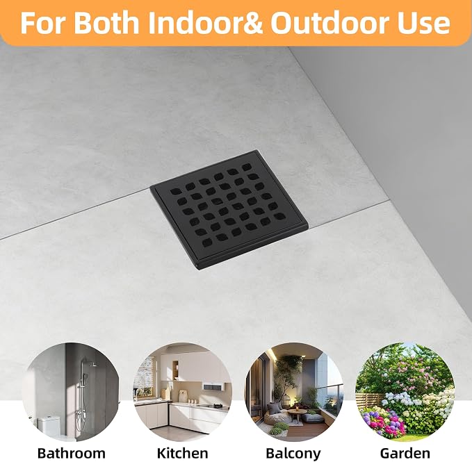 4-Inch Square Shower Drain Kit with Bonding Flange, Matte Black | Removable 304 stainless steel grate with hair strainer; fits 2- and 3-inch pipes for tiled shower floors and wet areas
