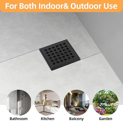 4-Inch Square Shower Drain Kit with Bonding Flange, Matte Black | Removable 304 stainless steel grate with hair strainer; fits 2- and 3-inch pipes for tiled shower floors and wet areas