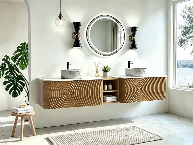 84" Floating Bathroom Vanity with Double Sink, Mid-Century Wall Mounted Bathroom Vanity Cabinet with Wood Waved Decor, Marble Ceramic Basin, Sintered Stone Top, Soft Close Drawer, Side Open Cube