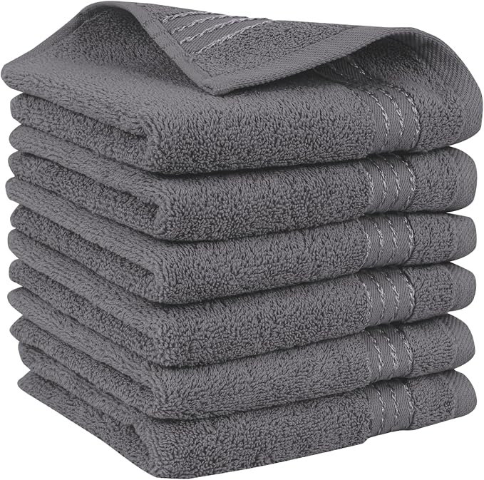 Elegant Comfort Premium Turkish Cotton 6 Pack Washcloths Set - 13 x 13 inch, Luxurious Hotel Spa Quality 100% Turkish Cotton 6PC Washcloth Set - Highly Absorbent - Soft Bathroom Towels, Grey