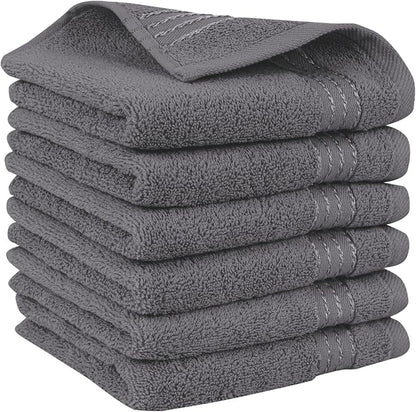 Elegant Comfort Premium Turkish Cotton 6 Pack Washcloths Set - 13 x 13 inch, Luxurious Hotel Spa Quality 100% Turkish Cotton 6PC Washcloth Set - Highly Absorbent - Soft Bathroom Towels, Grey