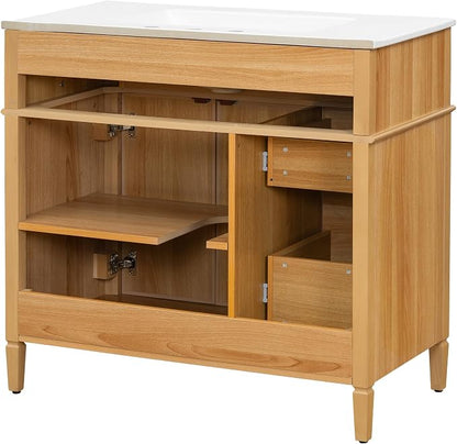 36" Modern Bathroom Vanity with Ceramic Sink, Tilt-Out Drawer & 2 Drawers, Solid Wood Frame Freestanding Storage Cabinet w/2 Soft-Close Doors & Adjustable Shelf, Rubberwood Handles, Wood