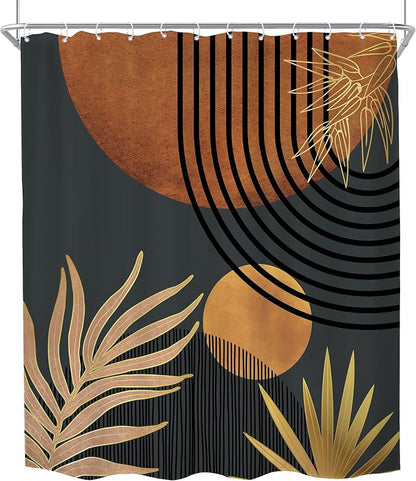 Mid Century Brown Black Boho Abstract Modern Bathroom Shower Curtain Set | 72Wx78H Plant Botanical design, waterproof HD print with fast-drying fabric and 12 hooks.