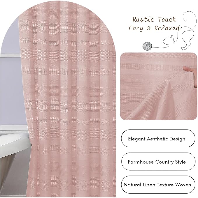 Extra Long Pink Shower Curtain 96 Inch Long, Boho Linen Textured Soft Fabric Heavy Duty Cloth Bathroom Shower Curtain with Tassel, Tall Farmhouse Luxury Bath Decor, 72Wx96L Inches