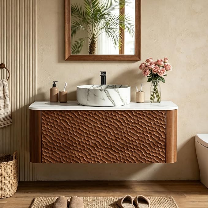 36 Inch Modern Bathroom Vanity with Ceramic Sink, Floating Bathroom Vanity Cabinet with Sintered Stone Top&Solid Wood Hammered Frame, Single Sink Bathroom Vanities w/Soft-Close Drawers,Walnut
