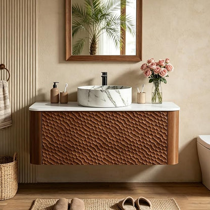 36 Inch Modern Bathroom Vanity with Ceramic Sink, Floating Bathroom Vanity Cabinet with Sintered Stone Top&Solid Wood Hammered Frame, Single Sink Bathroom Vanities w/Soft-Close Drawers,Walnut