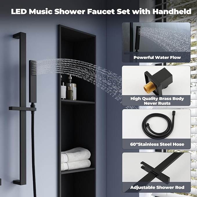 CASAINC Thermostatic Shower System with Body Jets, 36x12 Inch Luxury 6 Functions Waterfall Shower Jets System, Multifunctional Full Body Shower System with Sliding Rod Hand Shower, LED & Music
