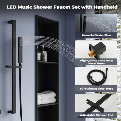 CASAINC Thermostatic Shower System with Body Jets, 36x12 Inch Luxury 6 Functions Waterfall Shower Jets System, Multifunctional Full Body Shower System with Sliding Rod Hand Shower, LED & Music