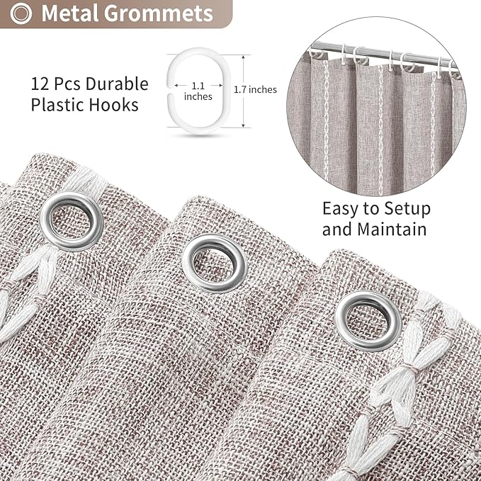 Boho Farmhouse Tassel Linen Shower Curtain,3D Embroidery Stripe Grey,36x72 | Small Stall Half Size,310GSM Linen Texture Heavy Duty Cloth,Water Repellent,Wrinkle Resistant,Vintage Farmhouse Rustic