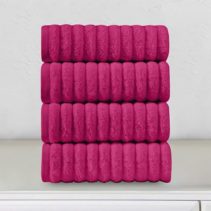 Elegant Comfort Luxury 100% Turkish Cotton Corduroy Ribbed 4 Pack Hand Towel Set 16 x 28 Inch - Absorbent, Super Soft, Quick Dry, Premium Towels for Bathroom, Gym, Spa and Hotel Use, Hot Pink