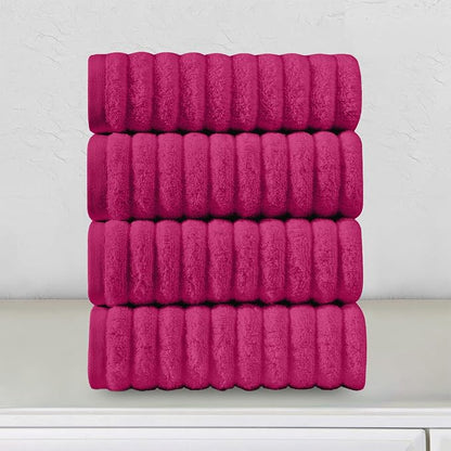 Elegant Comfort Luxury 100% Turkish Cotton Corduroy Ribbed 4 Pack Hand Towel Set 16 x 28 Inch - Absorbent, Super Soft, Quick Dry, Premium Towels for Bathroom, Gym, Spa and Hotel Use, Hot Pink