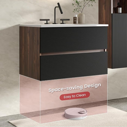 30" Floating Bathroom Vanity with Sink, Modern Wall Mounted Floating Vanity with Ceramic Sink, Double Soft-Close Drawers for Small Space, Apartment, Walnut+Black
