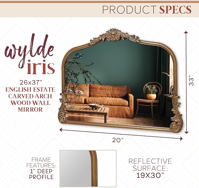 English Estate Carved Arch Wood Wall Mirror, Mirror for Entryway, Living Room, Bathroom, Antique Gold, 26x37