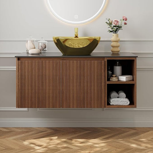 36" Modern Floating Bathroom Vanity with Single Sink - Wall Mounted Storage Bathroom Cabinet with Black Sintered Stone Countertop| Large Storage Space & Open Shelves, Dark Wood