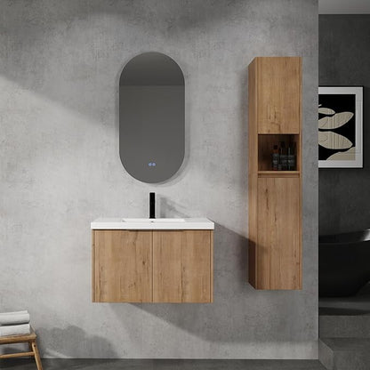 SSLine 30-Inch Single Bathroom Vanity Modern Wall Mounted Bathroom Vanity with Sink 30" Small Floating Bathroom Vanities Set with 2 Side Storage Cabinets,Brown White